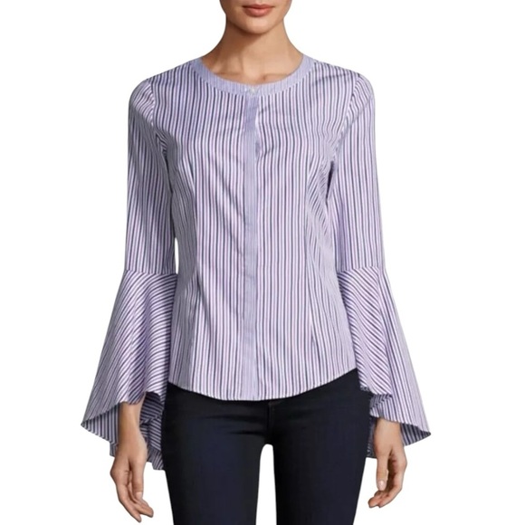 MILLY Michelle Flare Sleeve Striped Button Down Classic Designer Blouse Size 4 - Picture 1 of 9
